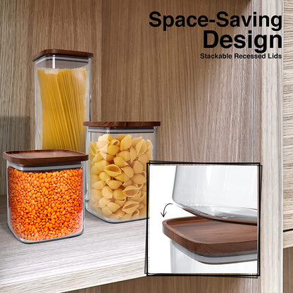 Set of 2 Square Glass Storage Jars with Wooden Lids - 52 Fl Oz Airtight and Stackable ECO-Friendly Containers for Kitchen Pantry - BPA Free and Recyclable Canisters for Food, Cookies, and Coffee Beans