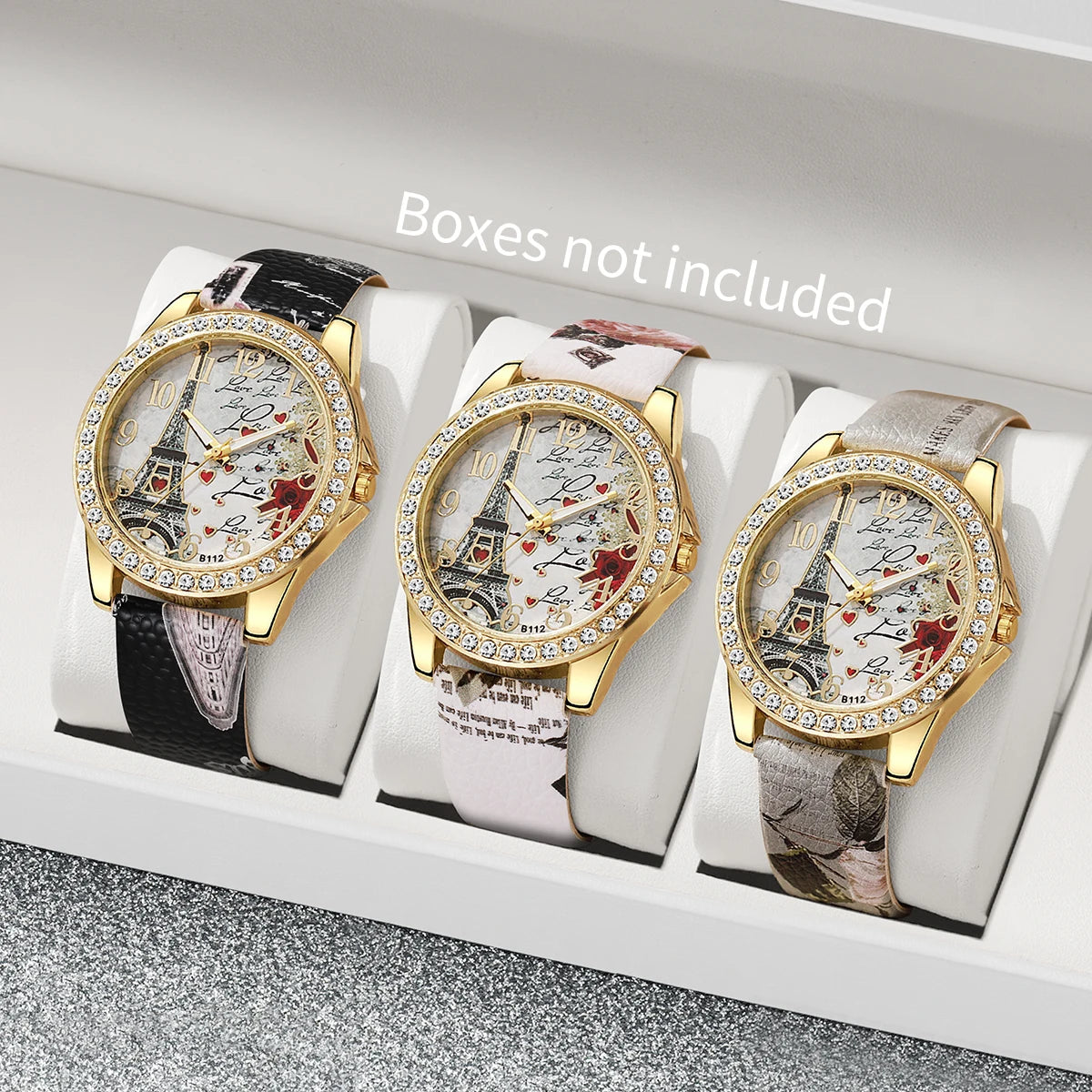 Dazzling Fashion Rhinestone Women's Quartz Watch Set with Beautiful Floral Leather Bands - Available in 3/4/5 Pieces