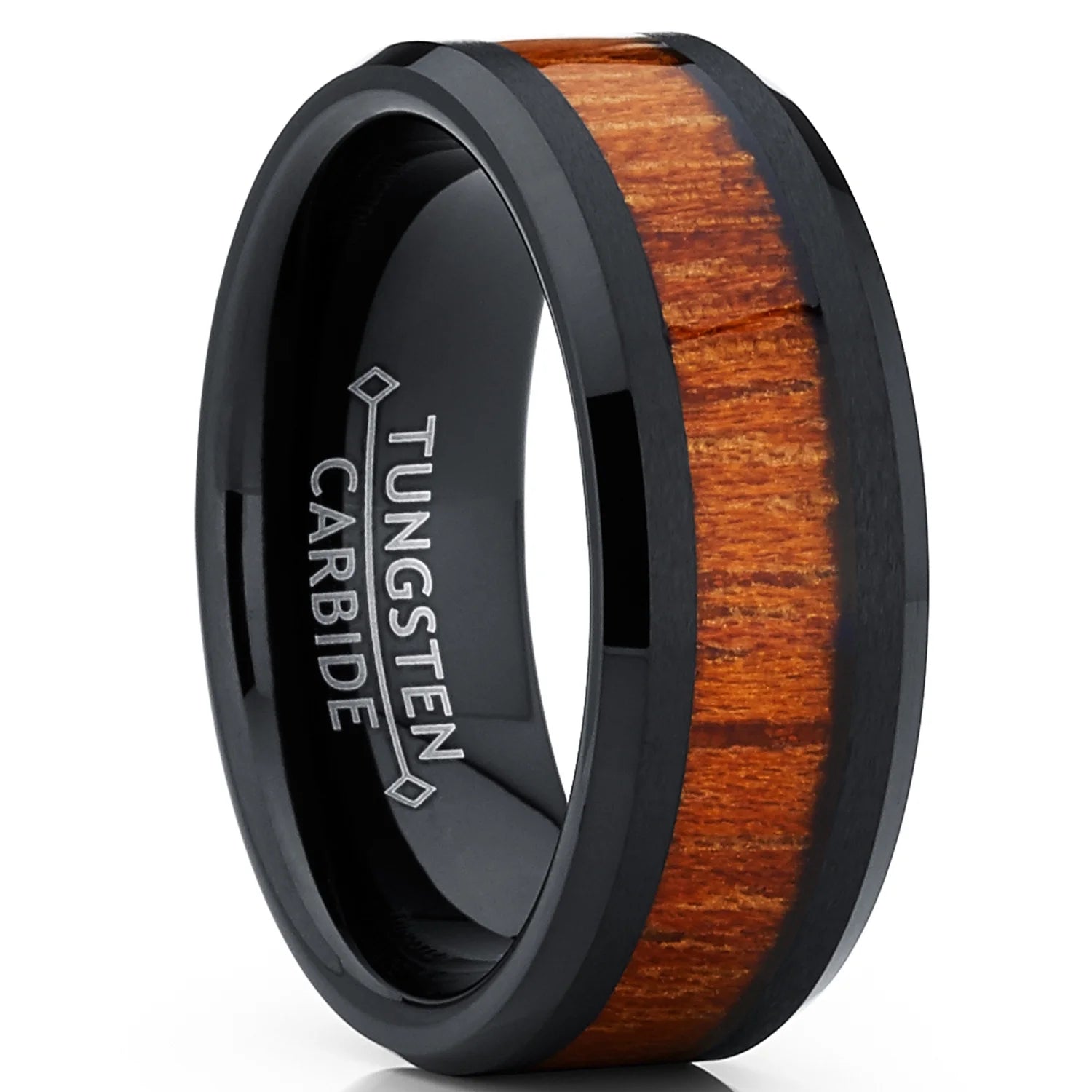Men's Stylish Black Tungsten Carbide Wedding Band with Exquisite Rosewood Inlay - Comfort-Fit Design, 8mm Width
