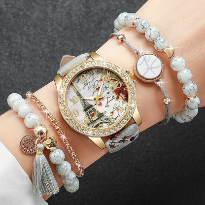 Dazzling Fashion Rhinestone Women's Quartz Watch Set with Beautiful Floral Leather Bands - Available in 3/4/5 Pieces