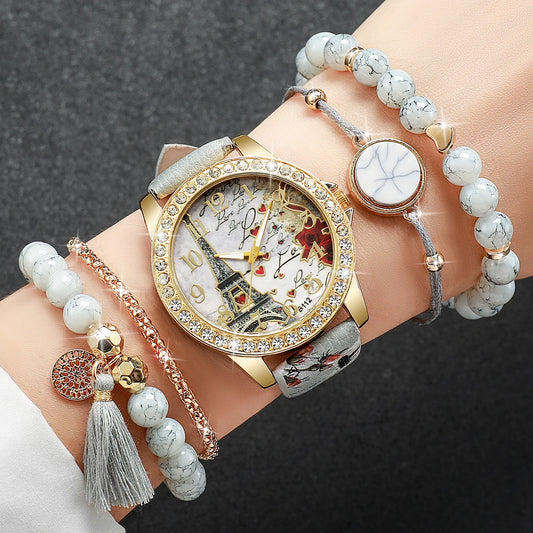 Dazzling Fashion Rhinestone Women's Quartz Watch Set with Beautiful Floral Leather Bands - Available in 3/4/5 Pieces