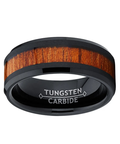 Men's Stylish Black Tungsten Carbide Wedding Band with Exquisite Rosewood Inlay - Comfort-Fit Design, 8mm Width