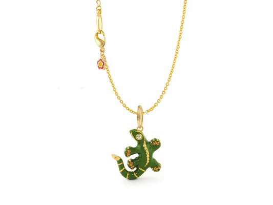Exquisite 18k Gold-Plated Eau Gecko Pendant Necklace with Hand-Painted Green Enamel and Crystal Accents