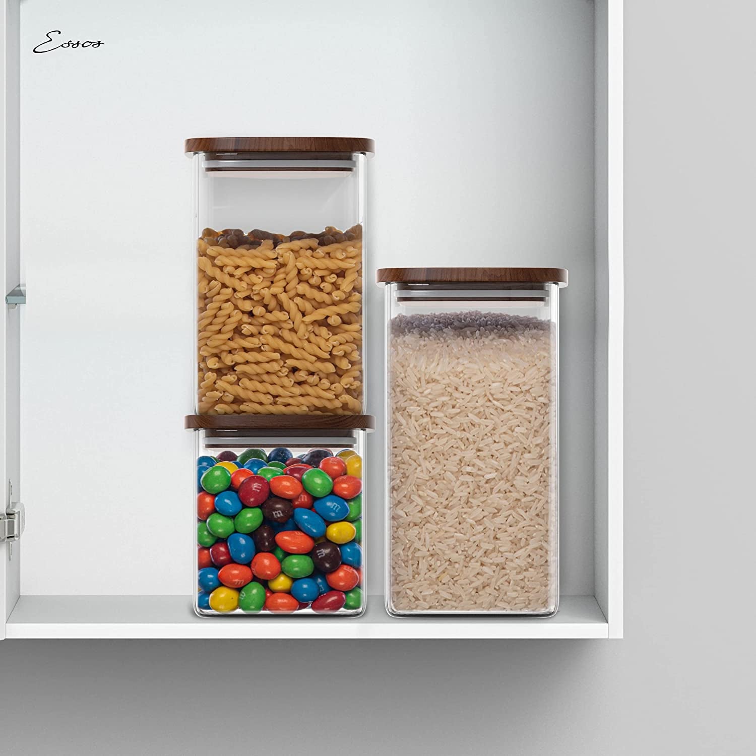Set of 2 Square Glass Storage Jars with Wooden Lids - 52 Fl Oz Airtight and Stackable ECO-Friendly Containers for Kitchen Pantry - BPA Free and Recyclable Canisters for Food, Cookies, and Coffee Beans