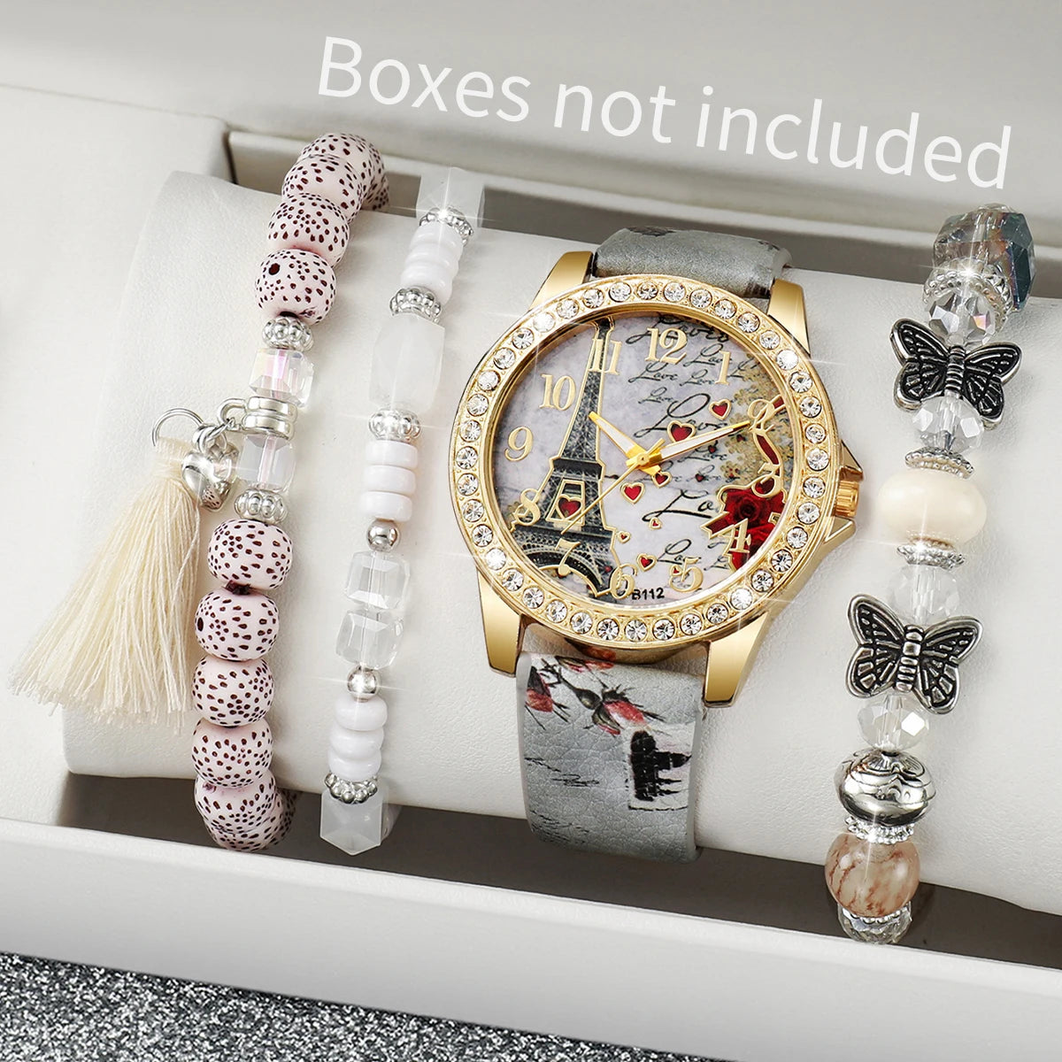 Dazzling Fashion Rhinestone Women's Quartz Watch Set with Beautiful Floral Leather Bands - Available in 3/4/5 Pieces