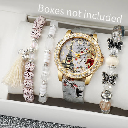 Dazzling Fashion Rhinestone Women's Quartz Watch Set with Beautiful Floral Leather Bands - Available in 3/4/5 Pieces