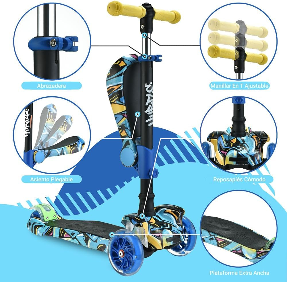 Exciting 3-Wheel Scooter with LED Lights - Adjustable Lean-To-Steer Handlebar and Foldable Seat for Fun Riding Experience - Perfect for Kids Ages 1-14!