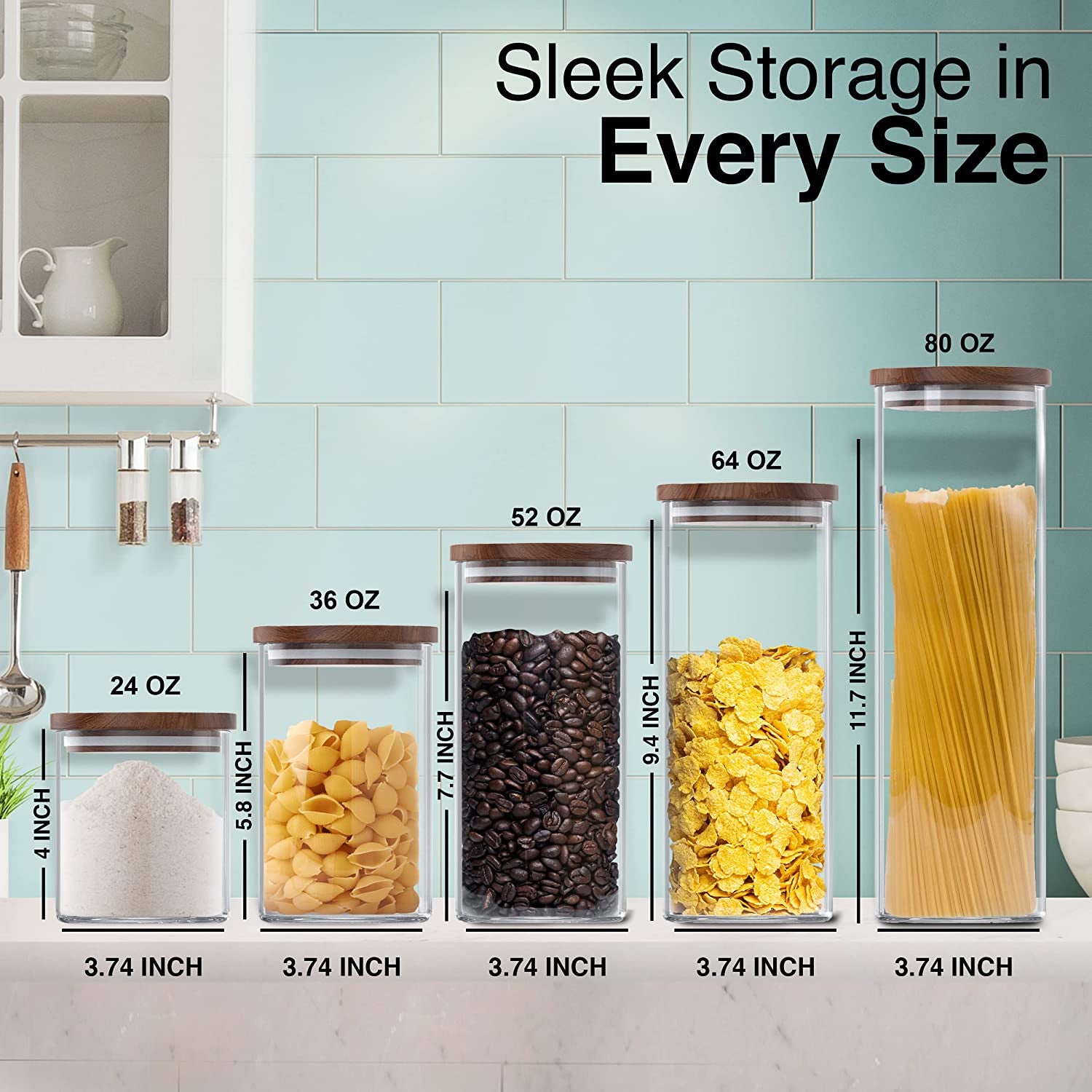 Set of 2 Square Glass Storage Jars with Wooden Lids - 52 Fl Oz Airtight and Stackable ECO-Friendly Containers for Kitchen Pantry - BPA Free and Recyclable Canisters for Food, Cookies, and Coffee Beans