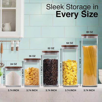 Set of 2 Square Glass Storage Jars with Wooden Lids - 52 Fl Oz Airtight and Stackable ECO-Friendly Containers for Kitchen Pantry - BPA Free and Recyclable Canisters for Food, Cookies, and Coffee Beans