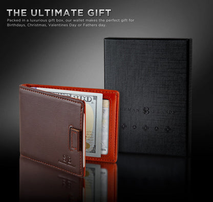 Elevate Your Style with the Slim Leather Bifold Wallet Featuring RFID Protection & Money Clip - Unmatched Elegance in Melted Chocolate for the Modern Man