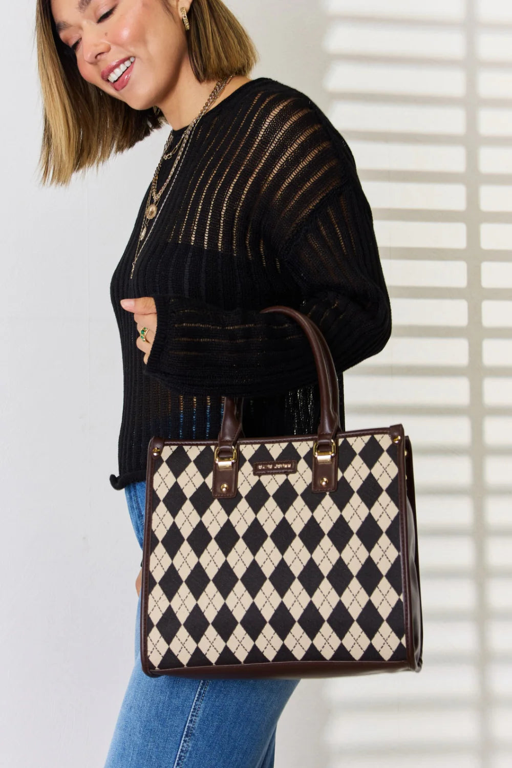 Elevate Your Everyday Look with the David Jones Stylish Argyle Pattern Faux Leather Handbag
